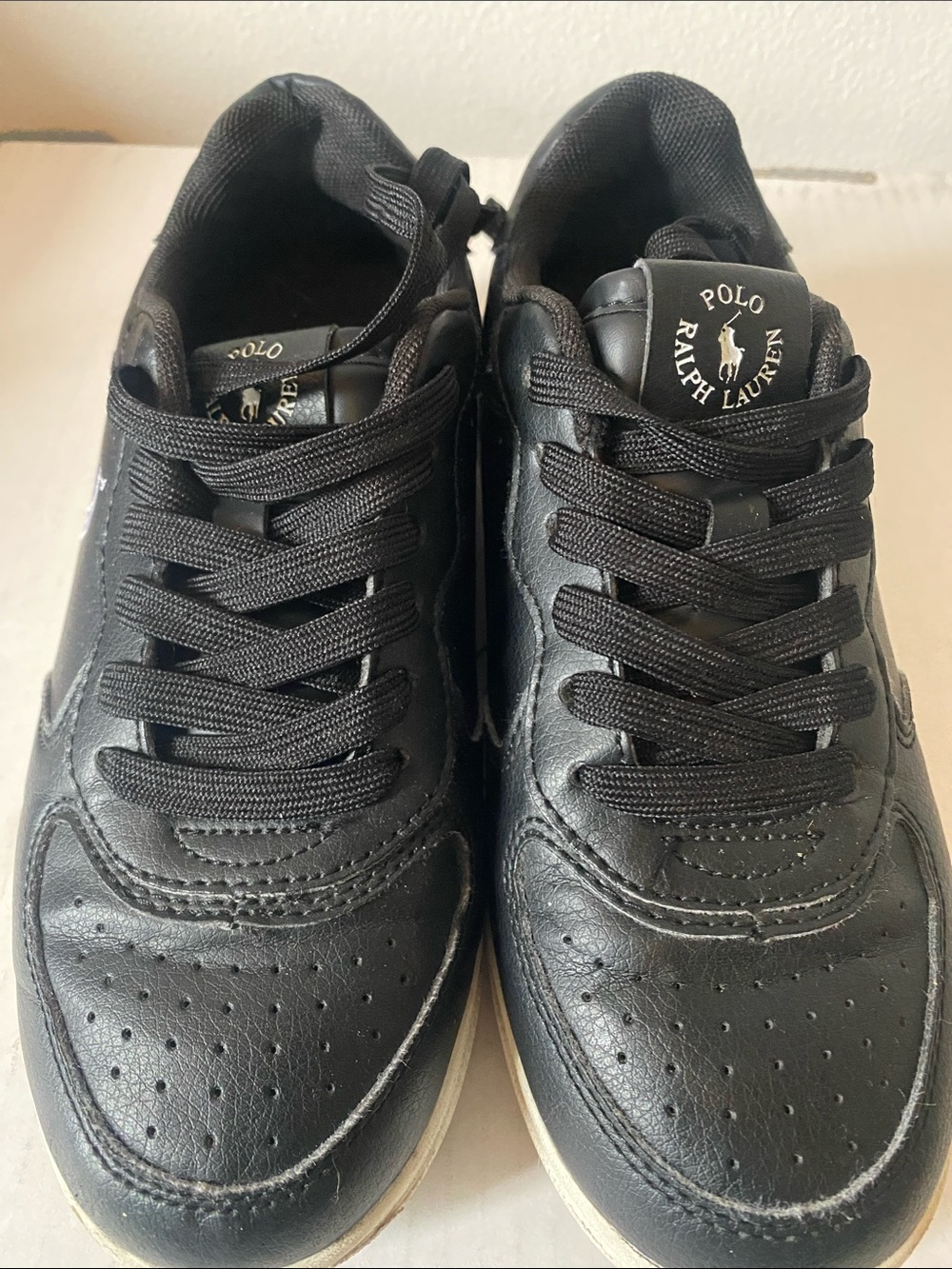 Kids Polo by Ralph Lauren Black Leather Sneakers with White Pony sz 2.5